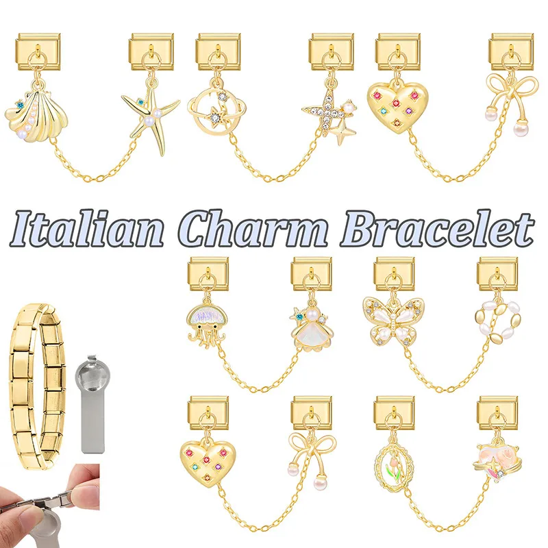 

Cute Jellyfish Shell Pearl Butterfly Golden Chain Tassel Italian Charm Link Fit 9MM Stainless Steel Bracelet Women DIY Making