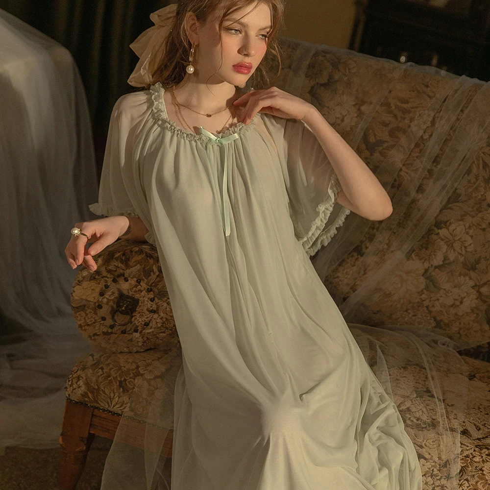 

Vintage French Princess Sleepdress Lace Mesh Ultra-Thin Summer Soft Cool Nightdress Sexy Lingerie Women Long Loose Nightgowns