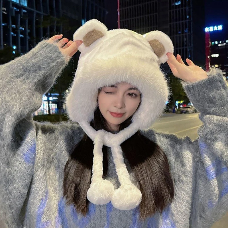 Gorro de felpa de oso bonito para mujer, gorro protector de orejas frío y cálido grueso para invierno, accesorios de moda para mujer