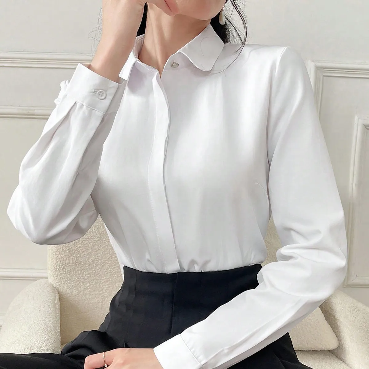 

Women's Shirt, Solid Color, Long Sleeve, Business, Interview, Commuting, Casual, Loose Fit, Elegant, Simple