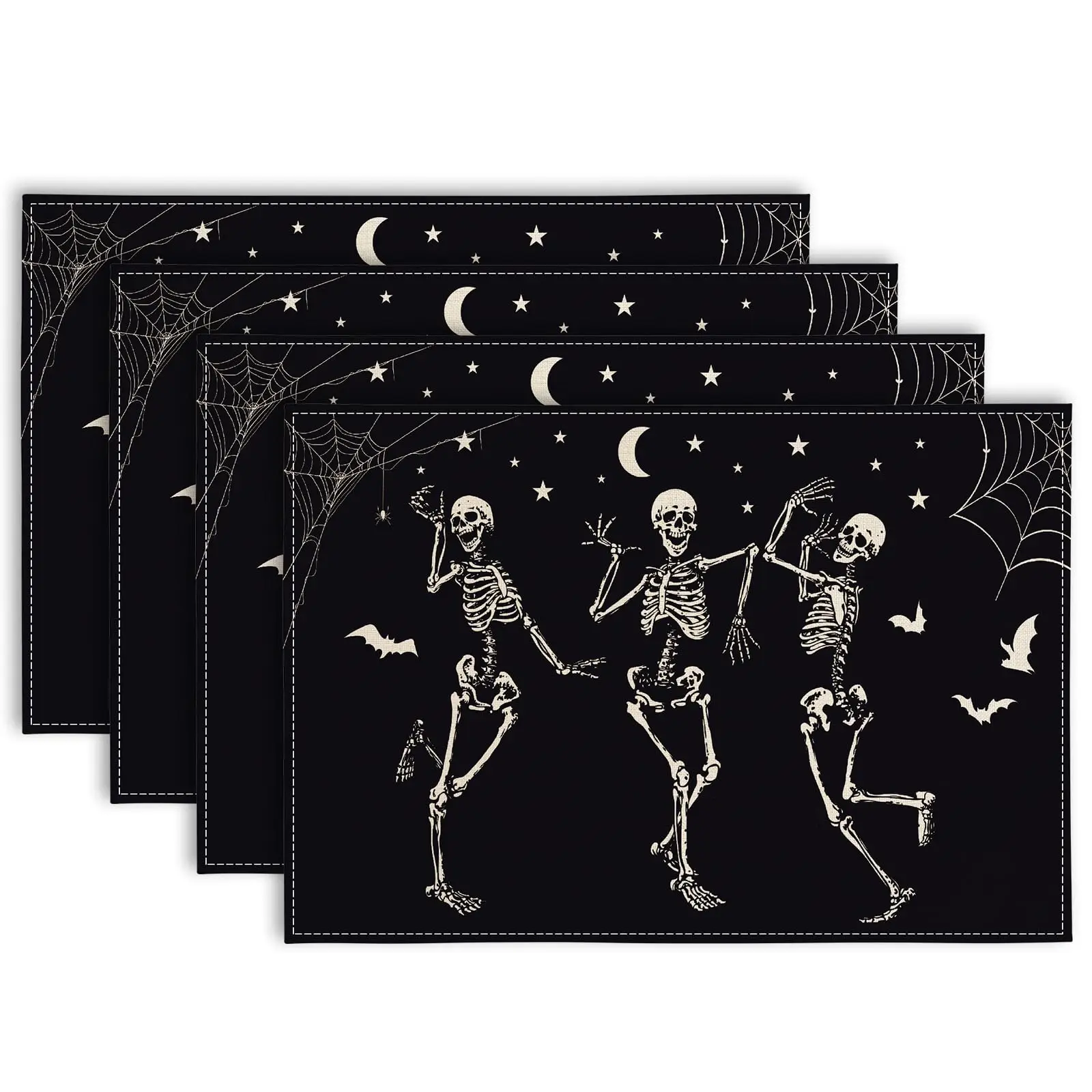 Halloween Dancing Skeletons Placemat - Table Mat Set of 4/6, Black & White Patterns, Non-Slip & Heat Resistant, 12 x 18 Inch