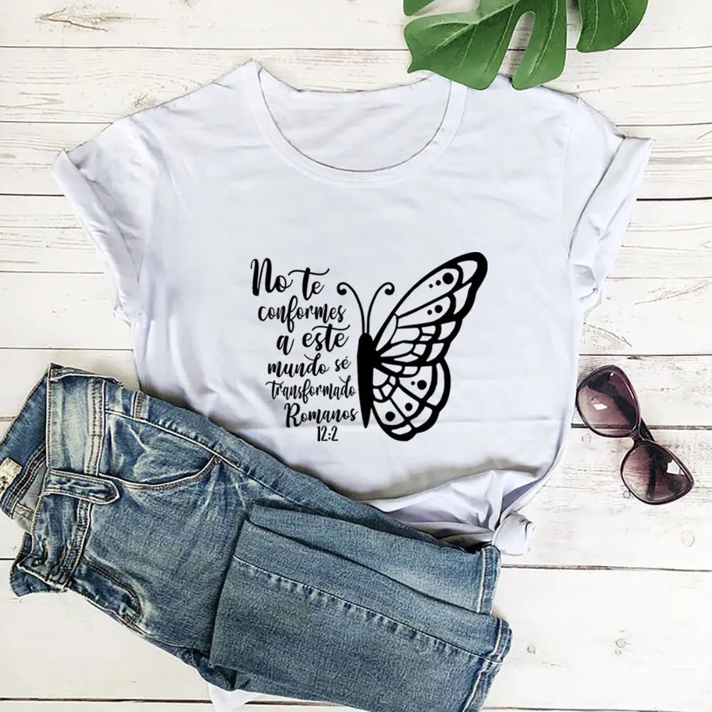 No Te Conformes Butterfly Print Spanish Shirt Christian 100%Cotton Women Tshirt Women Funny Summer Casual Short Sleeve Top Tee