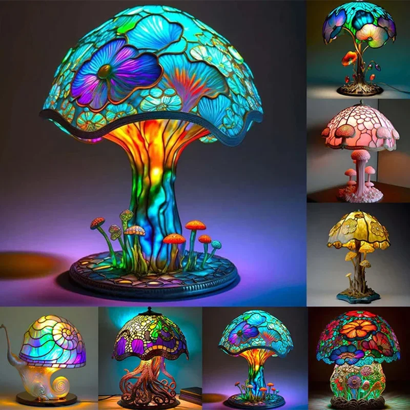 

Table Lamp Vintage Stained Resin Mushroom Desk Light Series Snail Octopus Creative Colorful Retro Night Light Bedroom Bedside