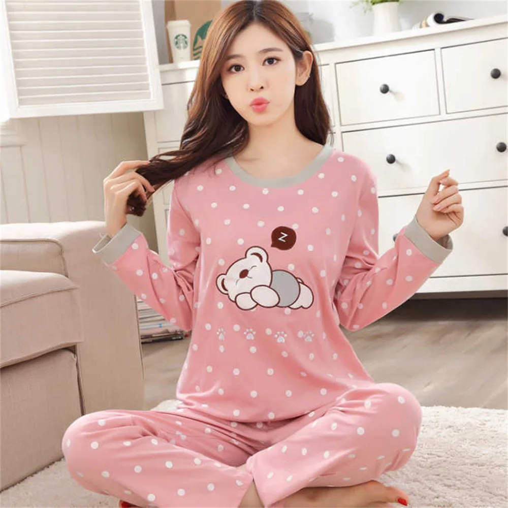 2 Pieces Women Pajamas Long-Sleeved Trousers Pyjamas Set Simple Loose Round Neck Home Wear Large Size Suit Couples Home Clothes