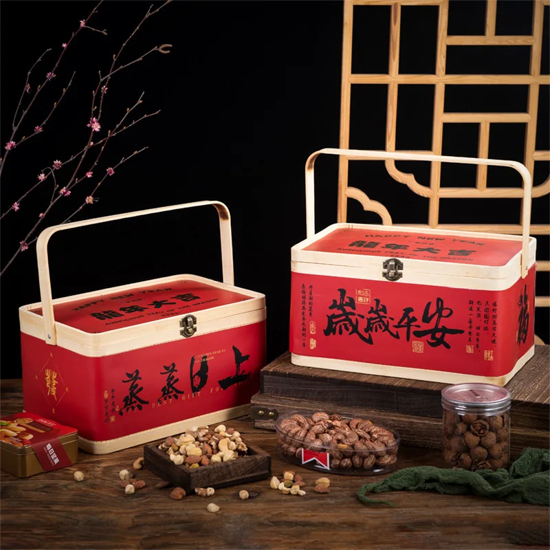 Woodchip Handle Square Picnic Basket Woven Storage Basket Wicker Rattan Egg Moon Cake Gift 2025 New Year Wedding Festive Box