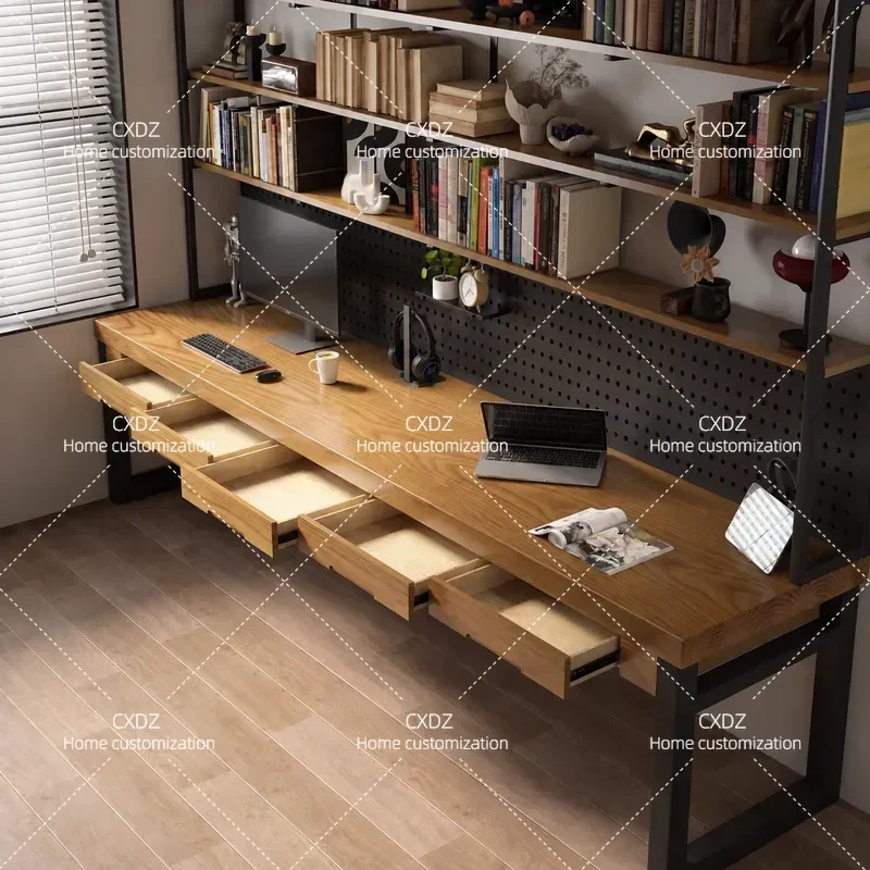 Nail-free Wall Mounted Solid Wood Desk with Bookshelf Integrated Double Study Table Home Computer Workbench Long Desktop
