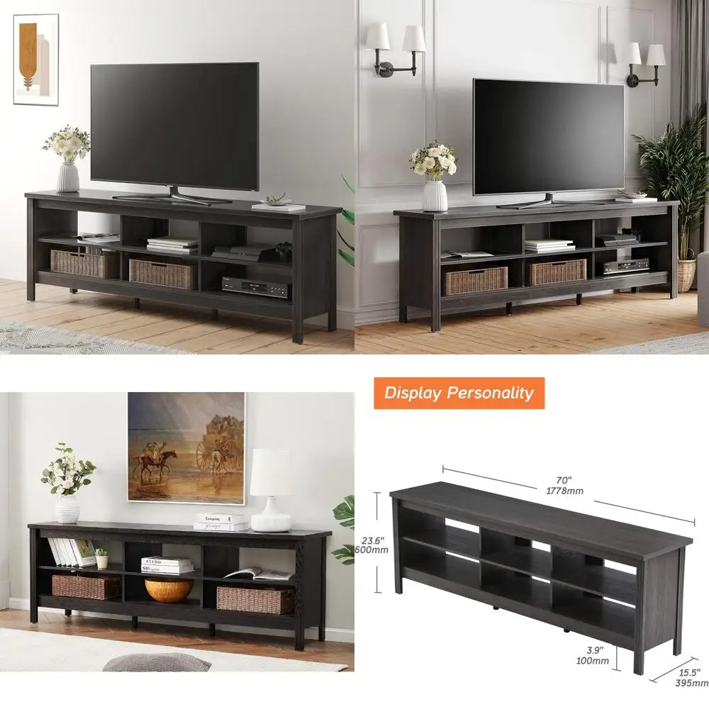 Suporte de tv de 70 polegadas para tv de 75 polegadas, centro de entretenimento com 6 prateleiras de armazenamento, armário de mesa de console de tv clássico para sala de estar