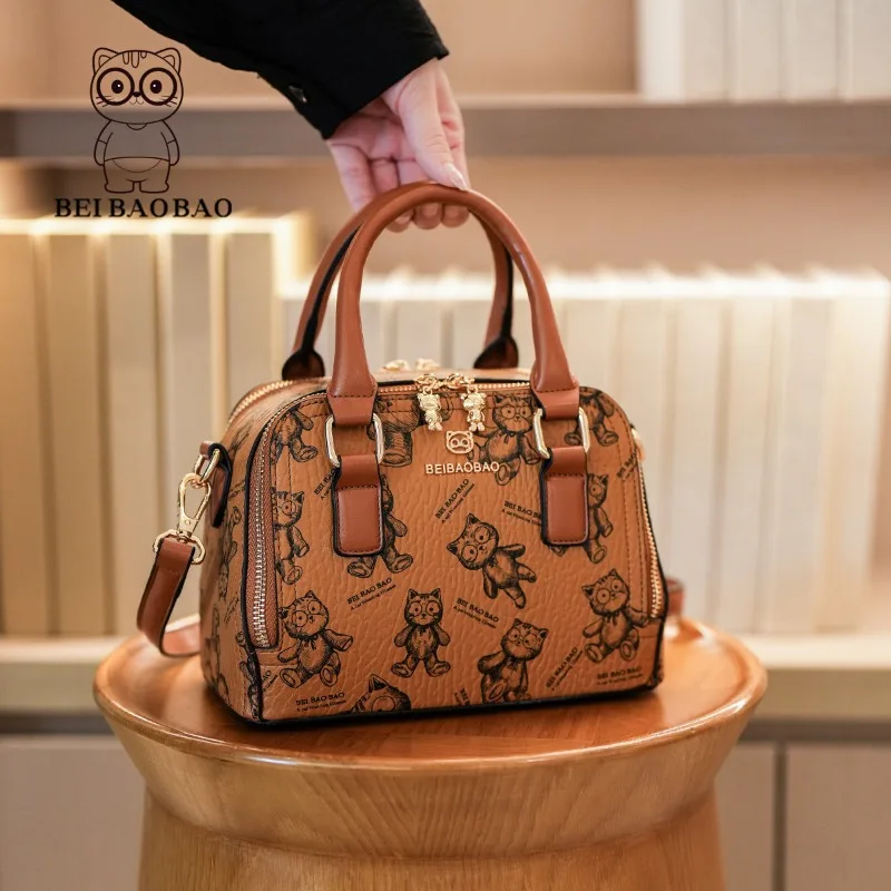 

New Foreign Style Cute Handbag Cartoon Cat One Shoulder Messenger Bag Pink Brown Beige White Double Zipper Trendy Portable Bag