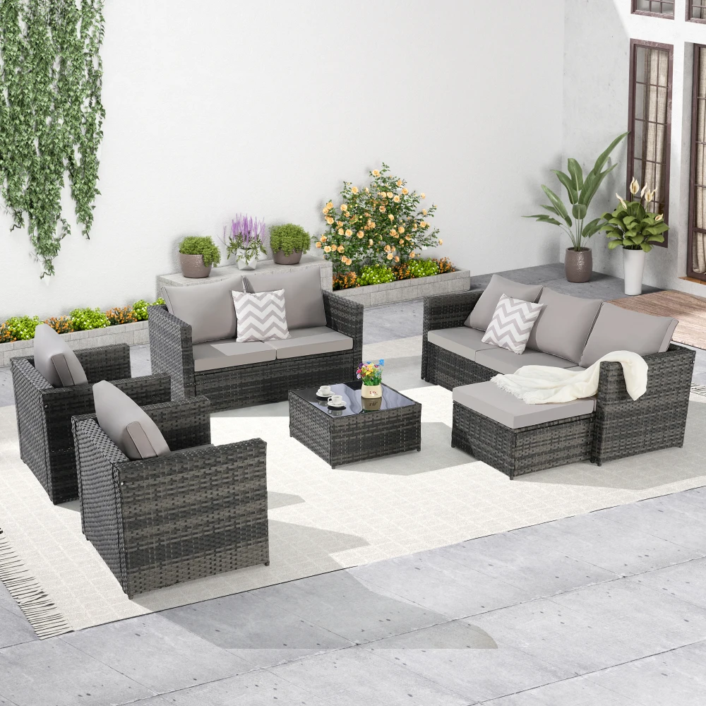 

6 Piece Patio Furniture Set,Outdoor Wicker Rattan Sofa Conversation Set All Weather Patio Sectional Sofa Set with Glass Table