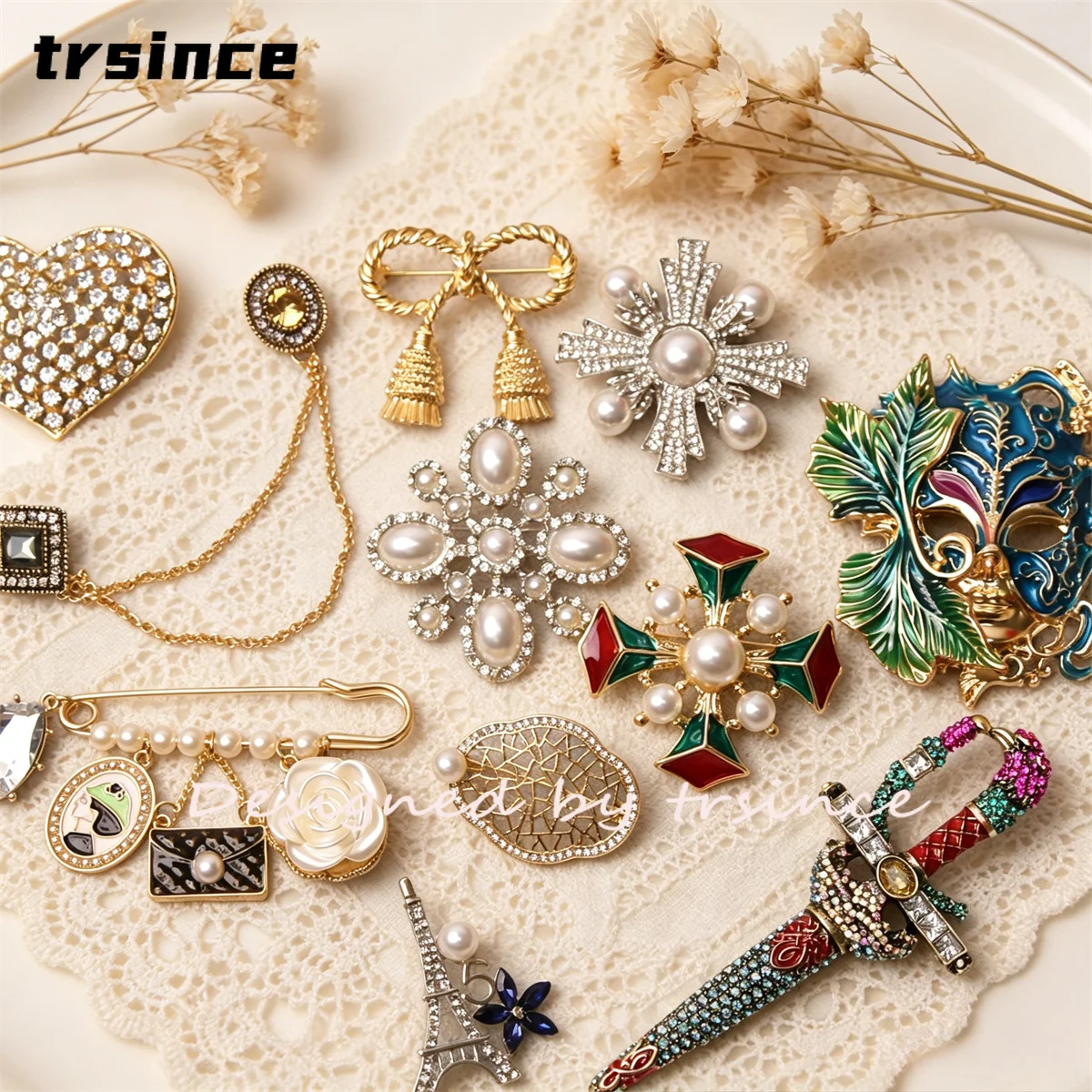 Vielseitige Retro-Design Broschen Luxuriöse Perlen-Kristall-Herz-Schneeflocken-Kamee-Broschen Anstecknadeln für Anzug und Schal Dekorativer Schmuck