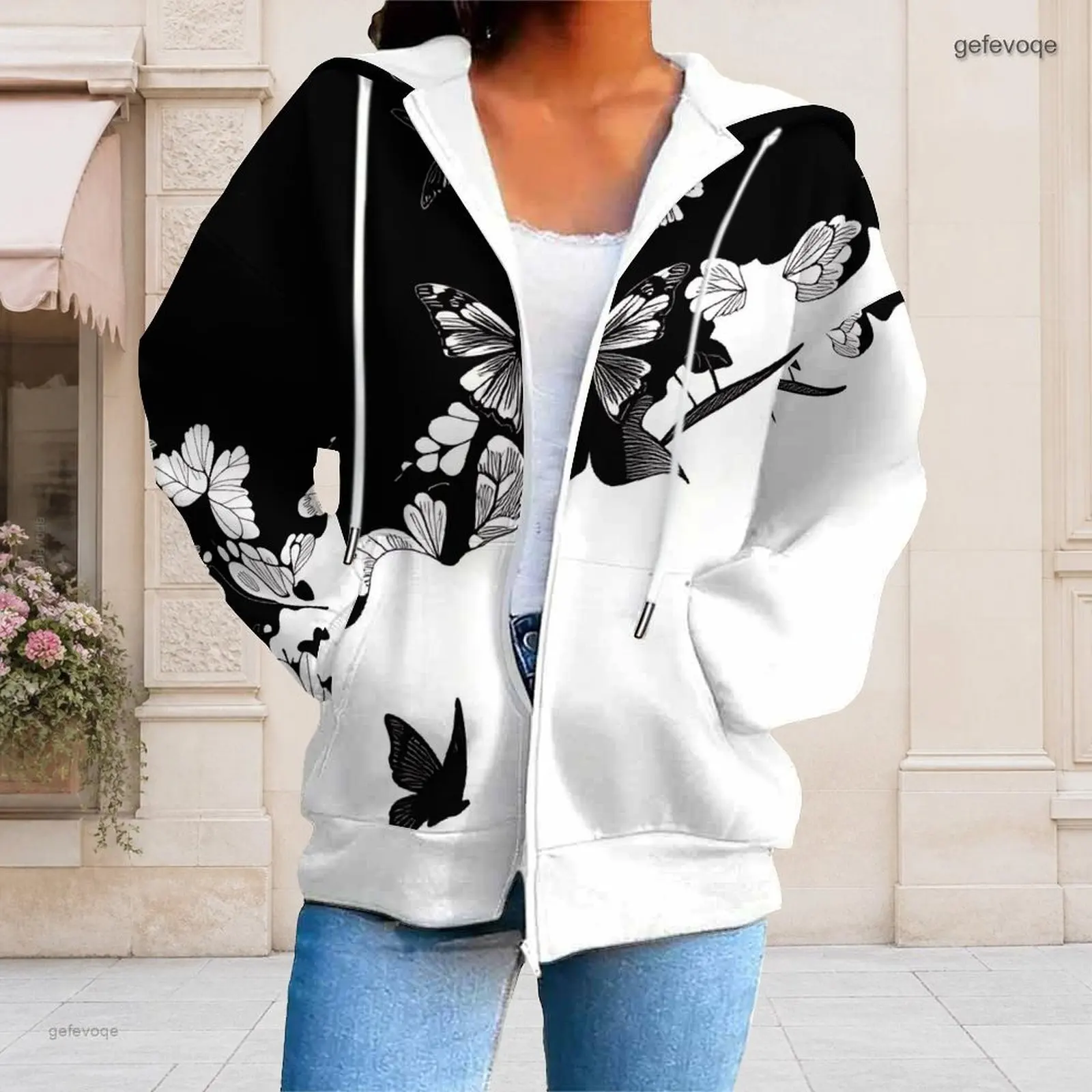 Women Green Swirl Foliage Golden Floral Printed Zip Up Long Sleeve Hoodie