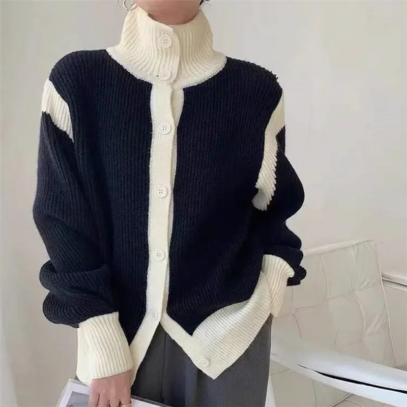 Korean Women Turtleneck Full Sleeve Sweaters Loose Casual Coats Knitted Thick Cardigan Autumn Winter 2023 Striped Splice