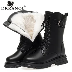 DRKANOL Fashion grube dno damskie śniegowe buty 100% naturalna wełna Shearling ciepłe średnio wysokie buty z cholewami damskie zimowe platformy futerkowe buty