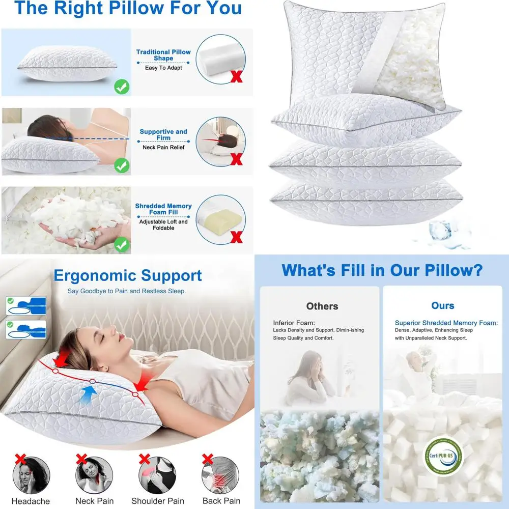 

King Size Cooling Pillow Set: 4-Piece Shredded Memory Foam Pillows with Cold/Hot Sides, Removable Washable Covers, 20 x 36, Whit