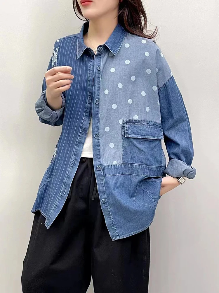 Max LuLu Autumn Korean Printed Clothes Womens Fashion Loose Striped Denim Shirts Ladies Leisure Floral Blouses Classic Dot Tops