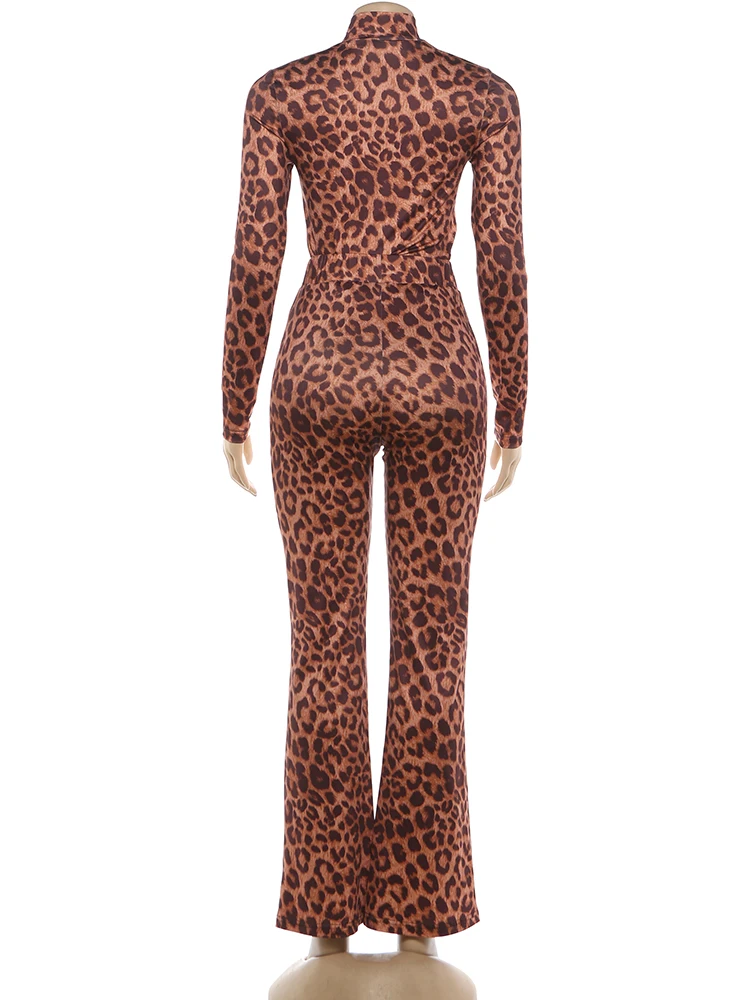 奇妙な猫柄レオパード柄2ピースセット女性用セクシーシングルブレストフルスリーブクロップジャケット+パッチワークベルボトムクラブストリートスーツ