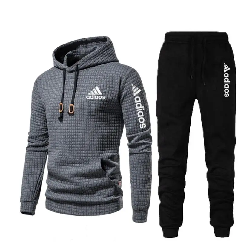 2024 European Men's Casual Suit, Checkered Jacquard Hooded Sweatshirt, Pullover, 2-piece Set, Pocket Casual Hooded Sweatshirt