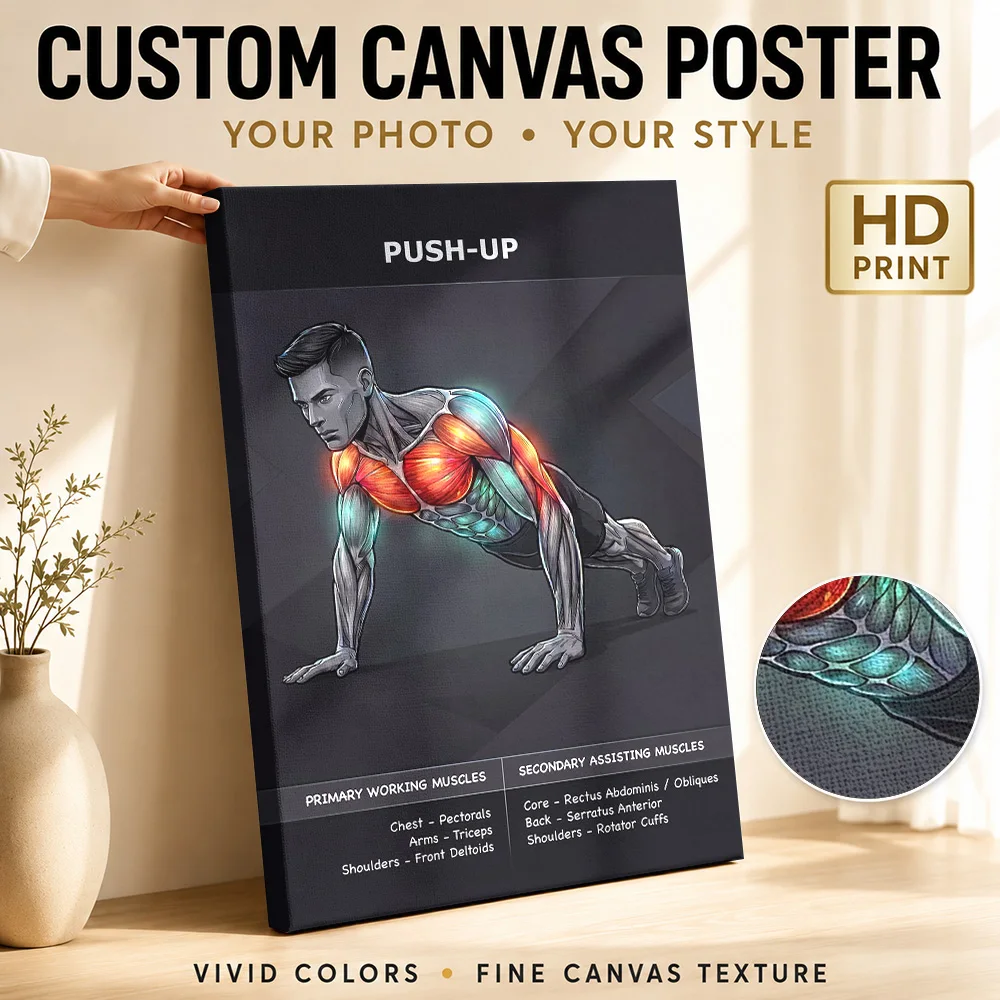 Push-Up Exercise Muscle Anatomy Canvas Print Poster Custom Photo Sports Portrait Wall Art for Office Decor Gift for Collectors