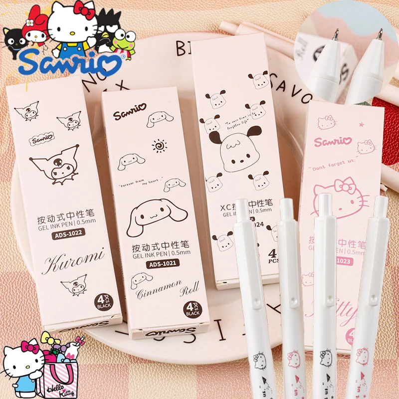 

4Pcs Sanrio Hello Kitty Cinnamoroll Retractable Gel Ink Pens Black Office Writing Pen 0.5 Mm Replaceable Refills School Supplies