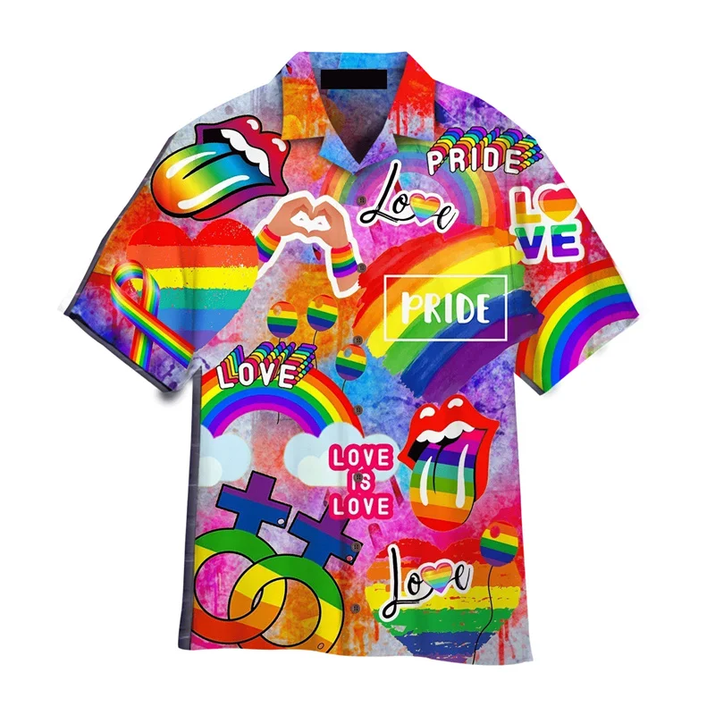 LGBT Gay Pride Hawaiian Shirt For Men Women Summer Street 3d Printed Shirts Love Is Love Lapel Short Sleeves Y2k Button Blouse