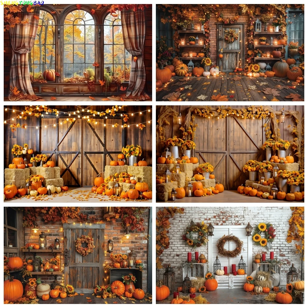

Autumn Scene Backdrop Maple Leaves Pumpkin Window Barn Door Haystack Fall Baby Shower Kids Portrait Photography Background Props