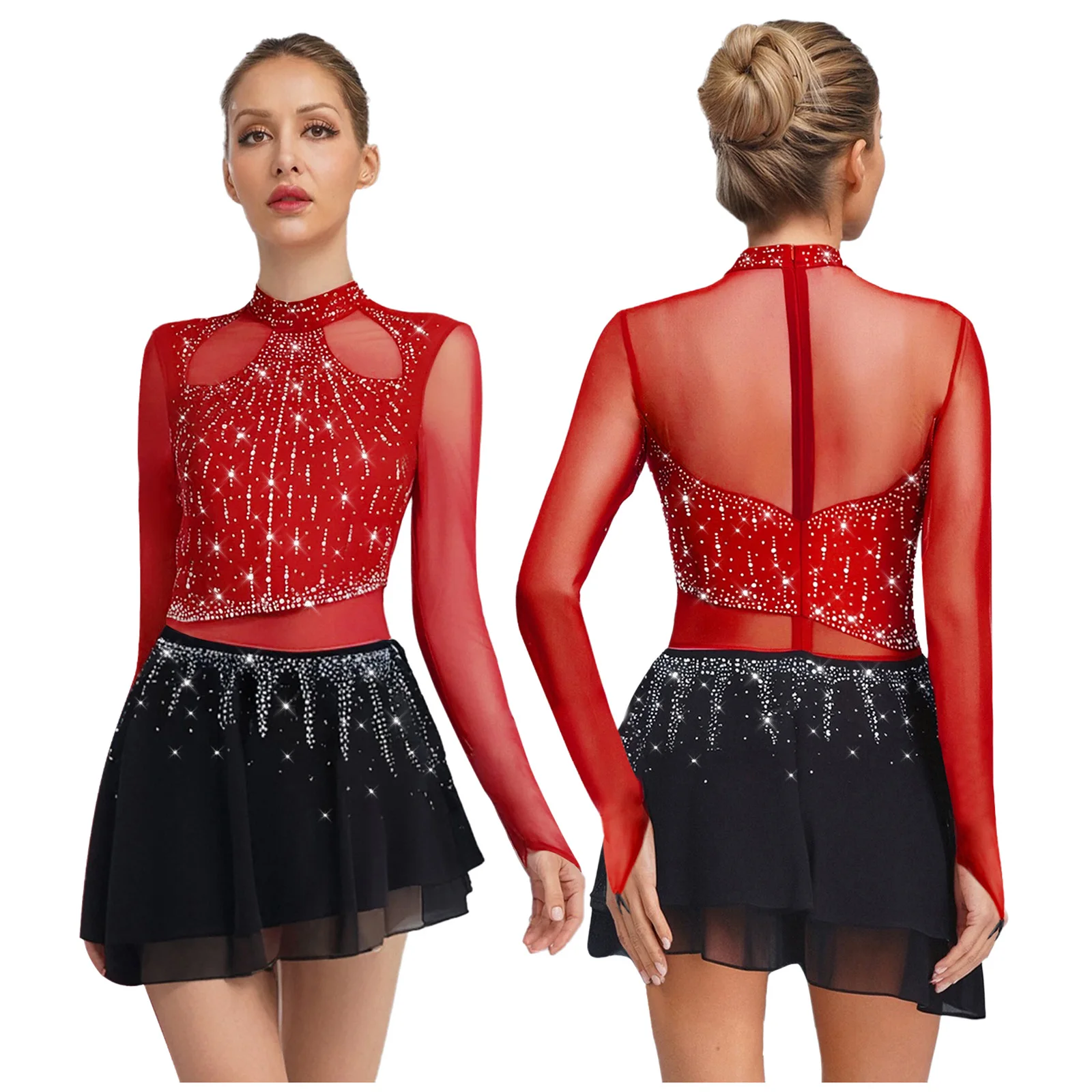 Robe justaucorps de danse Jazz lyrique pour femmes, robe de danse latine en mousseline de soie à manches longues avec strass pour spectacle de danse de patinage artistique