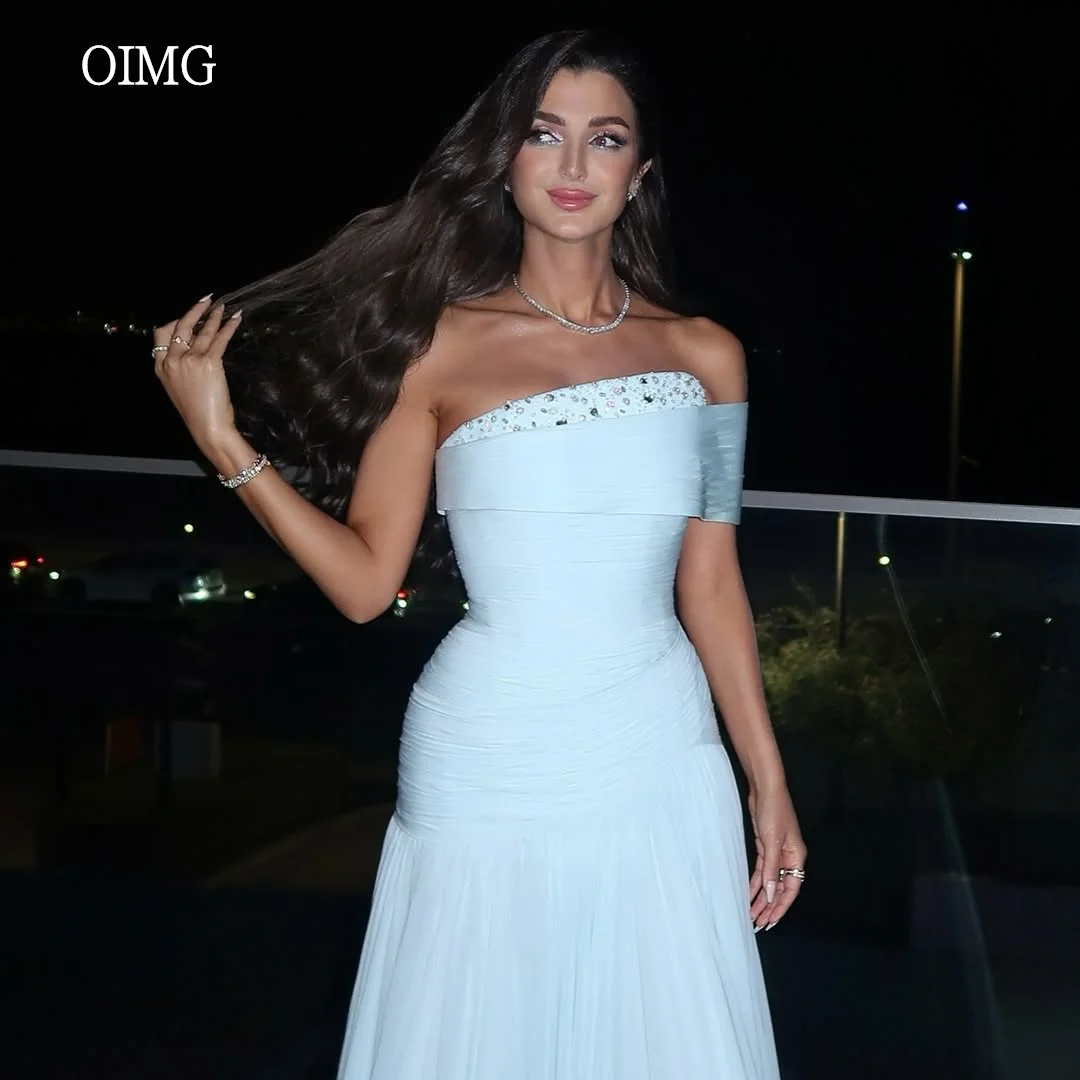 

OIMG Sky Blue Beaded Off The Shoulder Mermaid Prom Gowns Backless Party Gown Floor Length Evening Dress Customized