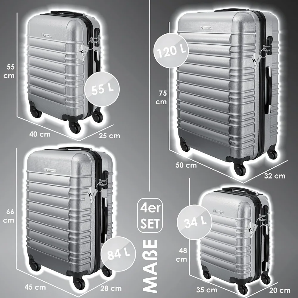 Kesser ®   スーツケース4個セット |   車輪付き荷物 |   ハードシェルラゲッジ |   スーツケース M-L-XL、シルバー