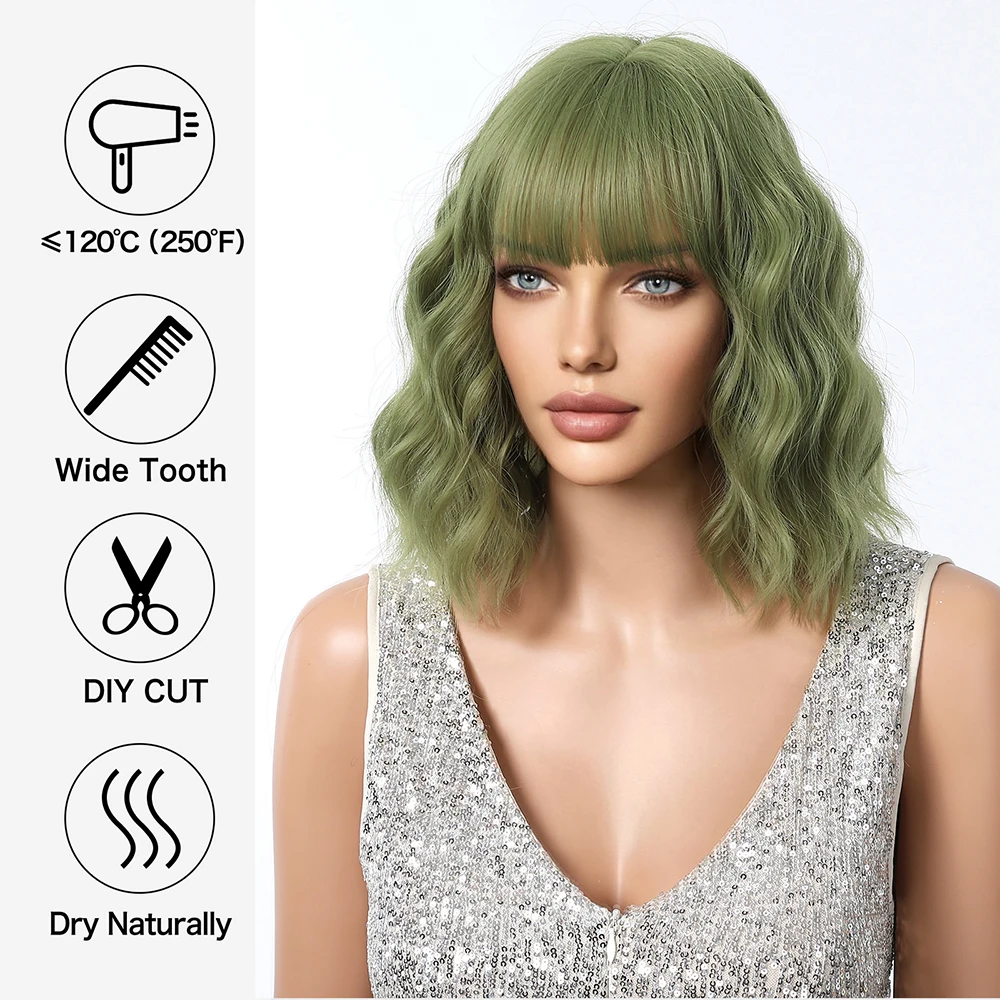 EASIHAHIR Short Synthetic Wigs Green Curly Wave Bob Wigs with Bangs for Women Daily Cosplay Party Heat Resistant Fake Hair Wigs