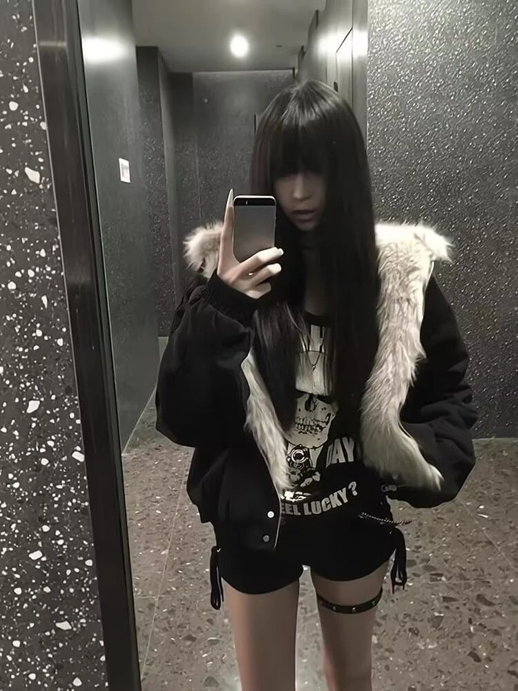 الأمريكية خمر أبلى سستة فو الفراء كم طويل لون نقي موضة جيب ثقافة فرعية لصق مقنعين Woamn 2025 الخريف