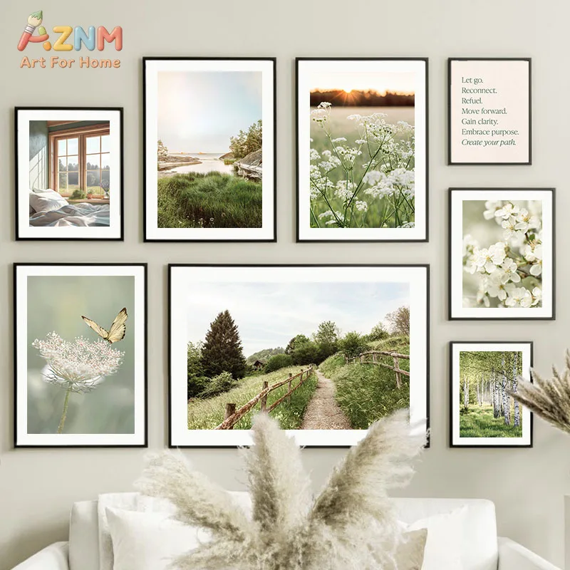 AZNM Neutral Green Nature Canvas Print Wildflower Butterfly Forest Path Sunset Landscape Inspirational Text Boho Unframed Wall P