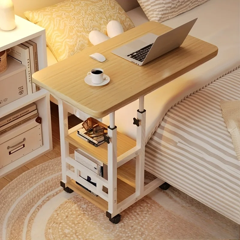 Mobile Four-Wheel Lift Learning/Work Desk with Dual Shelves for Bedside/Dorm/Office Use, Height-Adjustable Mobile Laptop Table, Space-Saving Design - Sturdy Steel Frame & Modern Finish