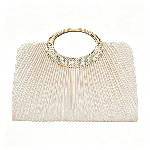 Women Pleated Evening Bag Rhinestone Metal Ring Handle Clutch Purse Removable Chain Shoulder Crossbody Handbag For Wedding Party Prom
