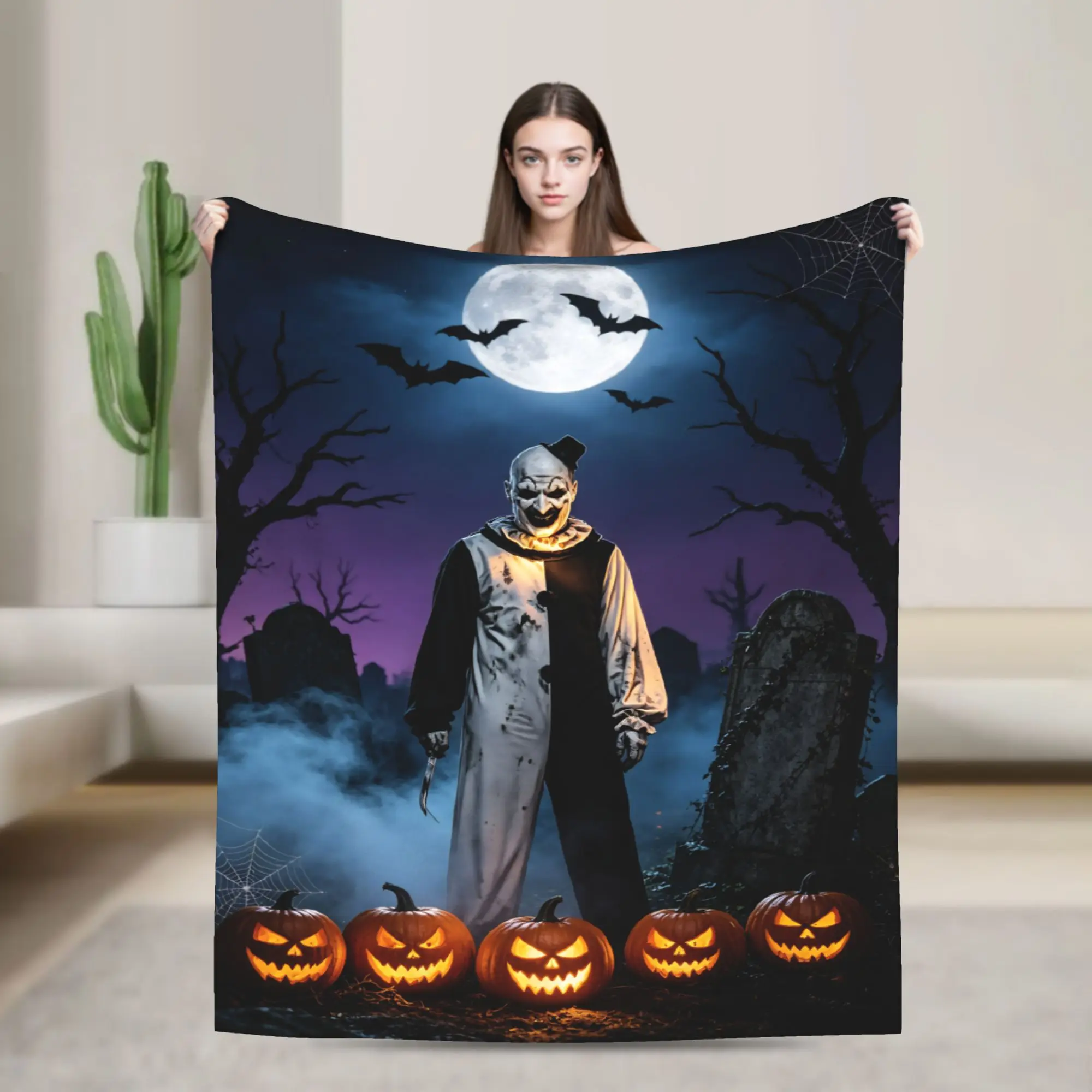 Terrifier Halloween Pumpkin Flannel Blankets Horror Movie Customized Throw Blanket for  Sofa Bedding Lounge 150*125cm Bedspreads