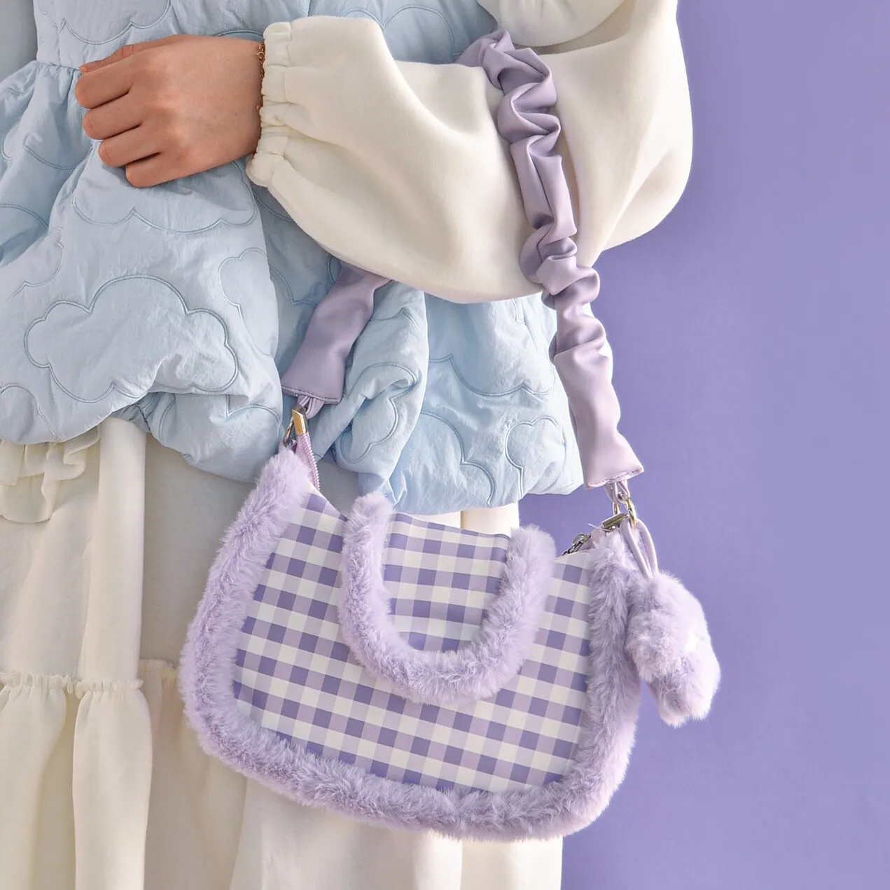Lolita Girl Original Cream Purple Plaid Furry Crossbody Bag Women Autumn Winter Plush Underarm Bag Unique Shoulder Bag