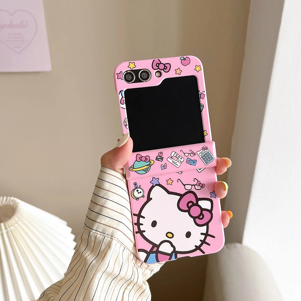 Kawaii Hello Kitty with 3D Lanyard Phone Case for Samsung Galaxy Z Flip 3 4 Z Flip 5 6 5G PC Hard Anti-drop Back Cover Funda