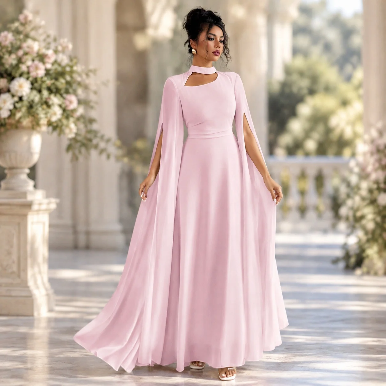 Tie Pleated Cape a Line Princess Style with Elegant Grace Pleated Dress Fresh Sweet Round Neck Summer Party Dress for Women