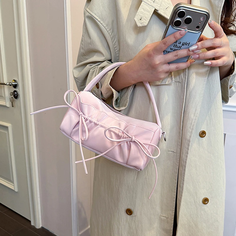 Schicke Umhängetasche mit Schleife und plissiertem Kordelzug, zylindrische Handtasche, Damen-Kissentasche mit abnehmbarem Riemen, Reißverschluss oben – Detail 9