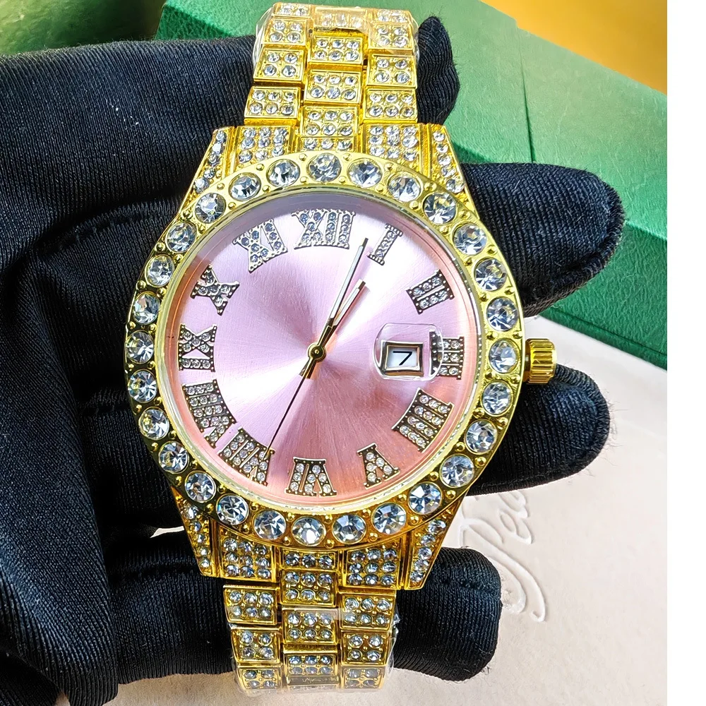 

Hot Sale Alloy Decoration Diamond Watch for Men Top Luxury Ice Watch Fashion Color Dial Shiny Steel Quartz Watches AAA Clcok
