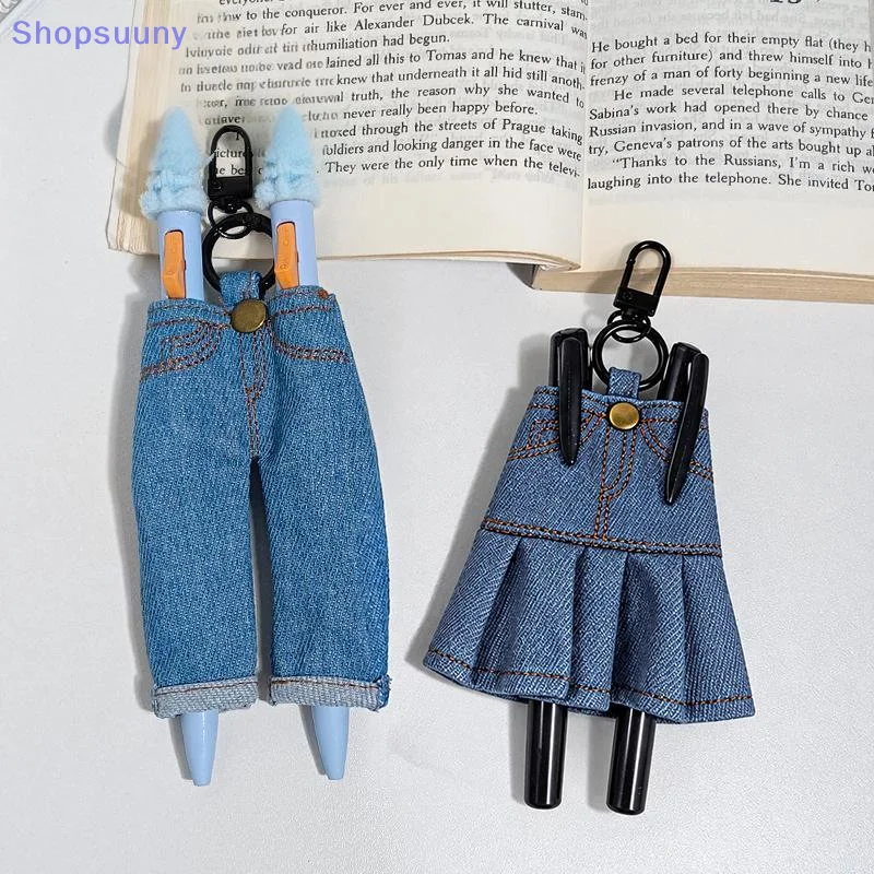 [SU]Ins Creative Mini Denim Pants Pen Holder Clip Vintage Denim Skirt Pencil Case Keyring Pendant Portable Fabric Stationery Bag