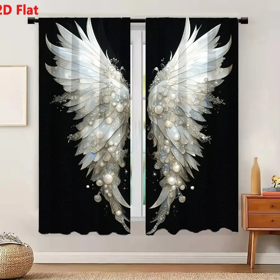 2Pcs Curtains 2D Flat Ornate White Feather - Like Wings With Pearls & Sparkling Accents Translucent Delicate Ethereal Glittering