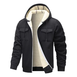Mens Solid Color Lapel Fleece Cargo Jacket Autumn Winter New Fashion Thick Thermal Lambswool Zip Up Hoodie Jackets Men Coats