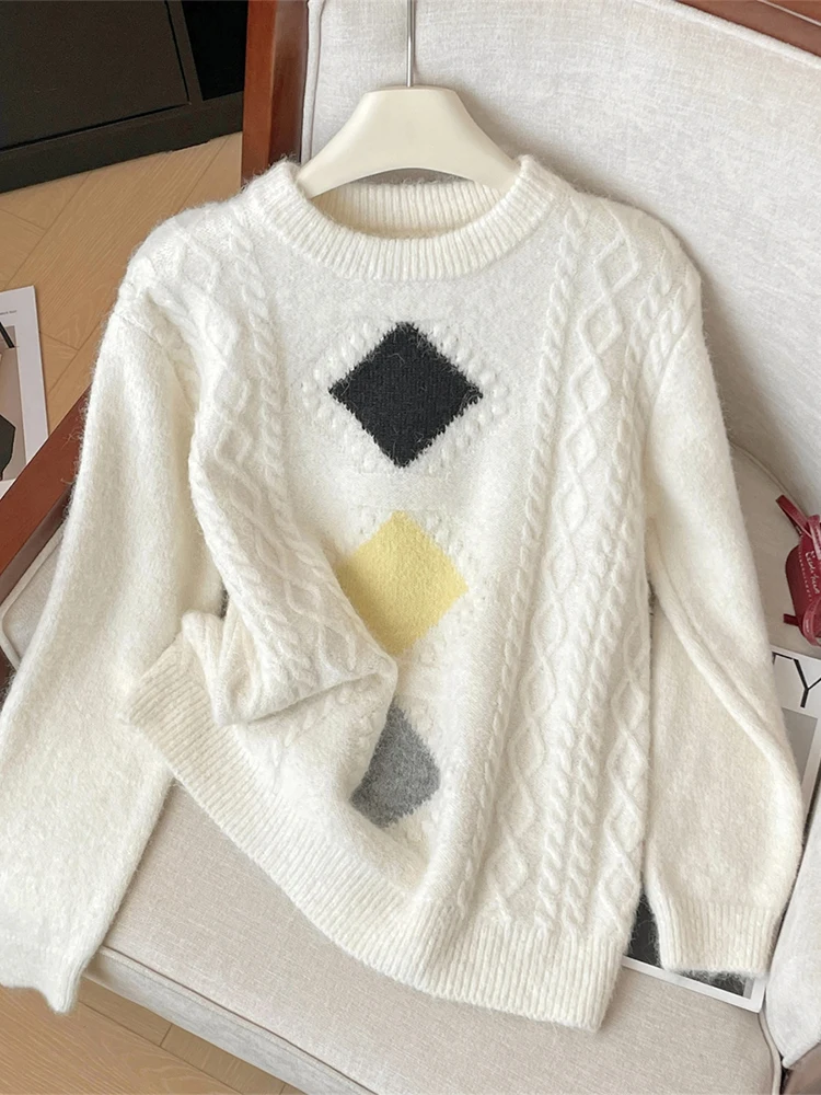 Women Beige Checked Pullover Sweater Harajuku Long Sleeves Cashmere Sweaters O-Neck Jumper 90s Vintage Y2k 2000s Clothes Autumn