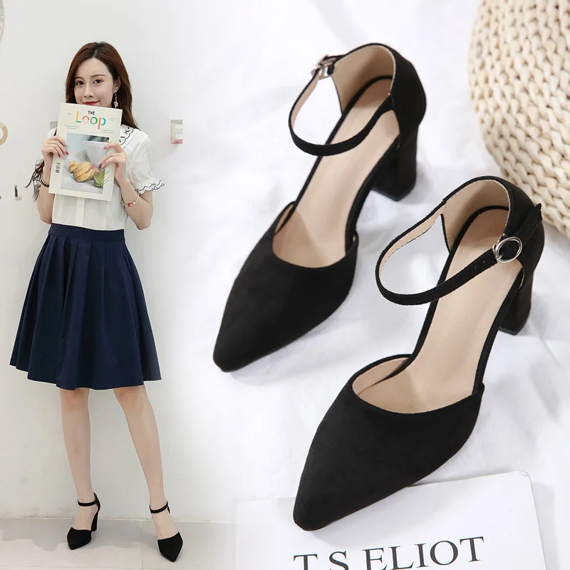 In Stock Cross-Border Color Pointed Toe Mid Heel Buckle Strap High Heel Chunky Heel Closed Toe Sandals Hollow Pumps Small Size W