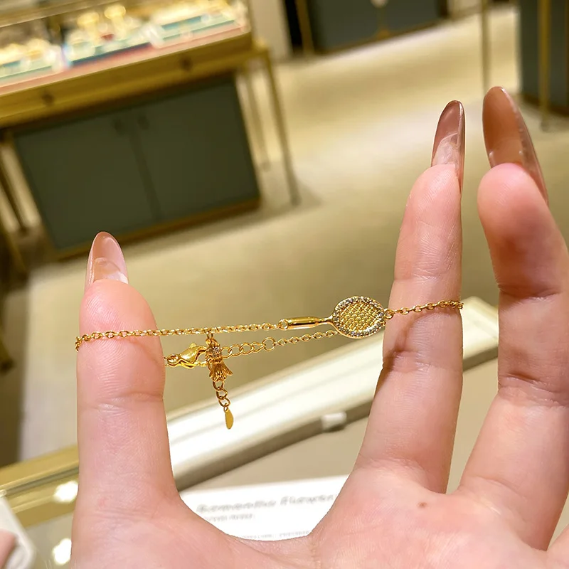 925 Sterling Silver Jewelry Crystal Golden Badminton Racket Charm Bracelet for Women Homme Luxury Wedding Party Gift