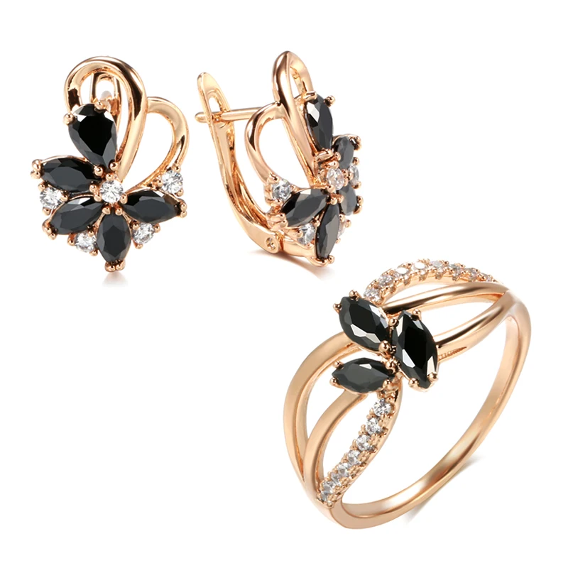 Kinel New 585 Rose Gold Earrings Ring Sets for Women Fashion Black Natural Zircon Drop Earrings Ring Party Wedding Jewelry Set