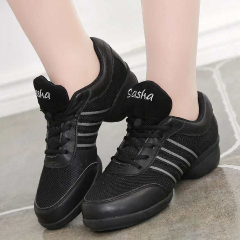 

Women's Dance Sneakers Leather Mesh Upper Breathable Black Flexibility Soft Soled Jazz Shoes Salsa Square Modern Dance