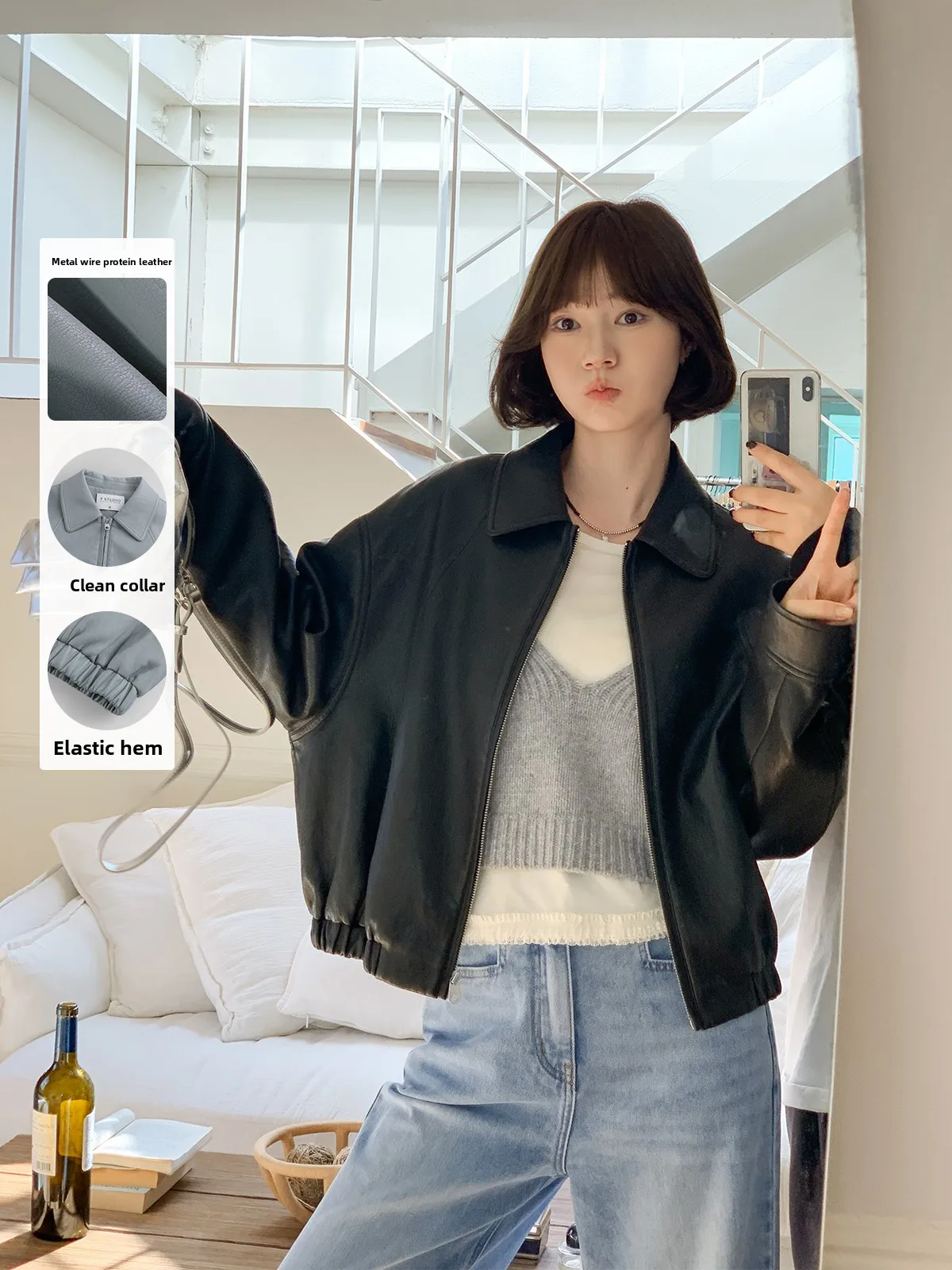 

Faionable ort Bla Leather Jaet Women's Coat Fall 2025 New Arrival Casual Sle Small Size Friendly Fem Outerwear