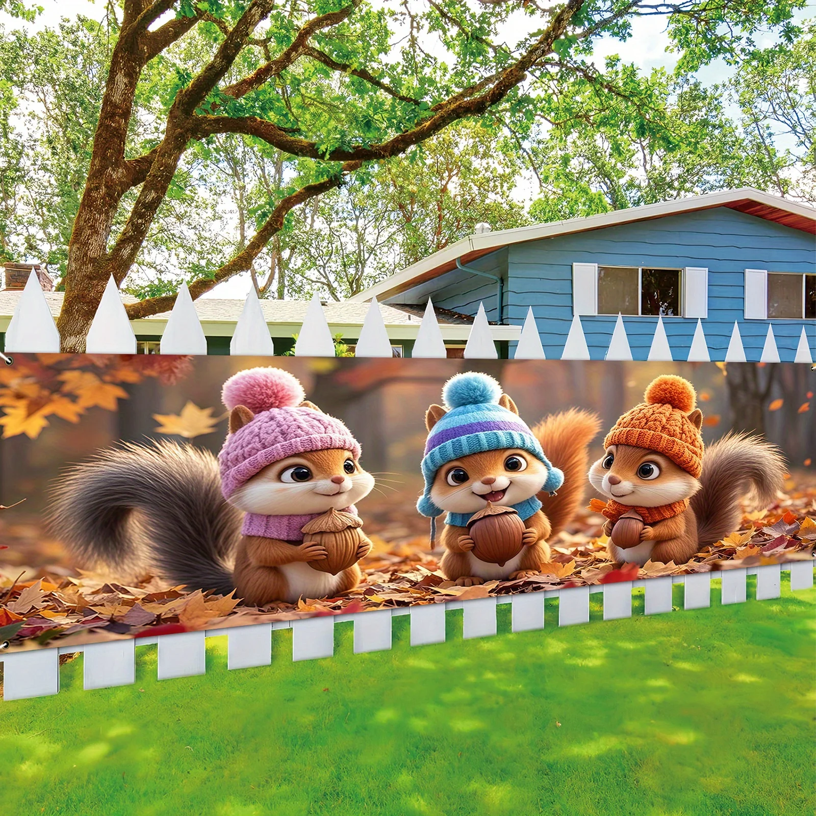 1pc Autumn Yard Banner, Cute Squirrels & Fallen Leaves Pattern, Indoor Outdoor Thanksgiving Harvest Party Decor