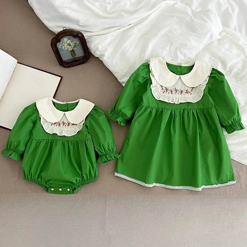 Baby Girl Clothes Sister Clothes Autumn Green Princess Dress Embroider Collar Girl One Piece Clothes Spring Sister Flower Dress